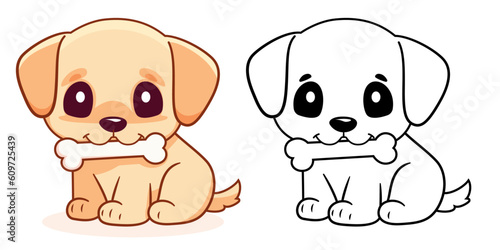 Dog with a bone, vector illustration, A cute dog puppy with a bone on his mouth colored and black and white vector image