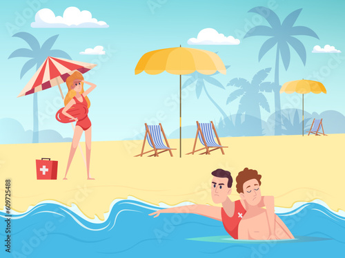 Lifeguard on water. Saving drowning man near beach