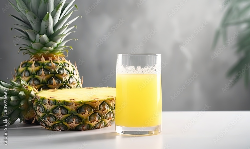 a glass of orange juice next to a pineapple on a white table with a gray background and a pineapple on the side of the glass. generative ai a glass of orange juice next to a pineapple on a white table with a gray background and a pineapple on the side of the glass. generative ai