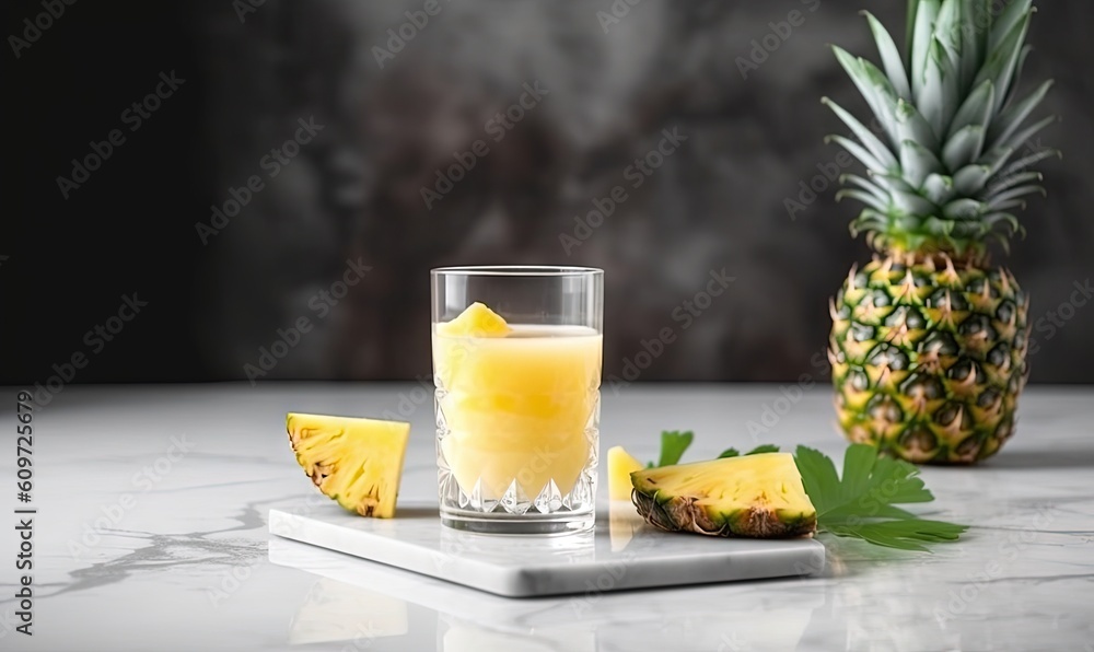 a glass of pineapple juice next to a pineapple on a marble counter top with a pineapple slice on the side of the glass. generative ai a glass of pineapple juice next to a pineapple on a marble counter top with a pineapple slice on the side of the glass. generative ai