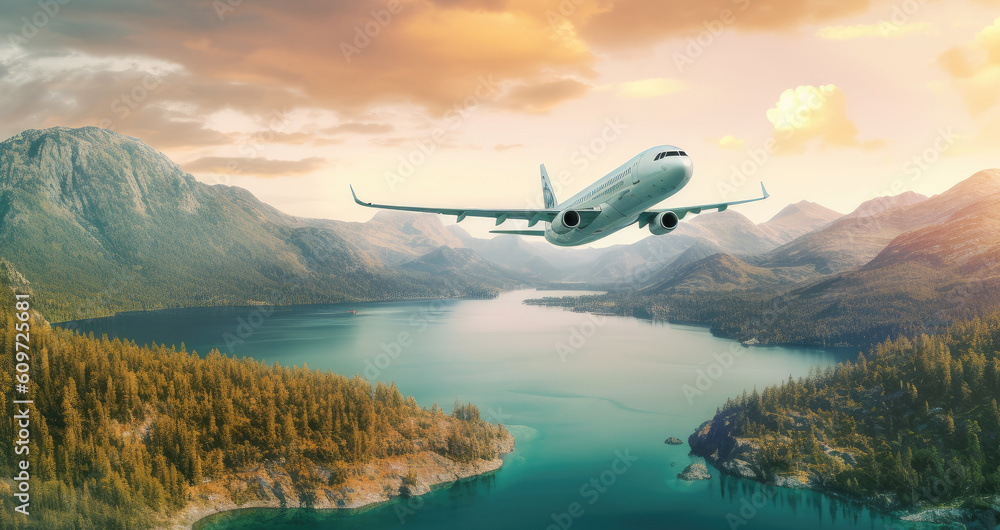 Airplane is flying over amazing mountains with forest and sea at sunrise in summer. Landscape with white passenger airplane. Airplane is flying over amazing mountains with forest and sea at sunrise in summer. Landscape with white passenger airplane.