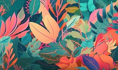  a bunch of different colored leaves on a green background with red and pink colors on the leaves and the leaves are all over the place. generative ai