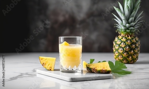  a glass of pineapple juice next to a pineapple on a marble counter top with a pineapple slice on the side of the glass.  generative ai