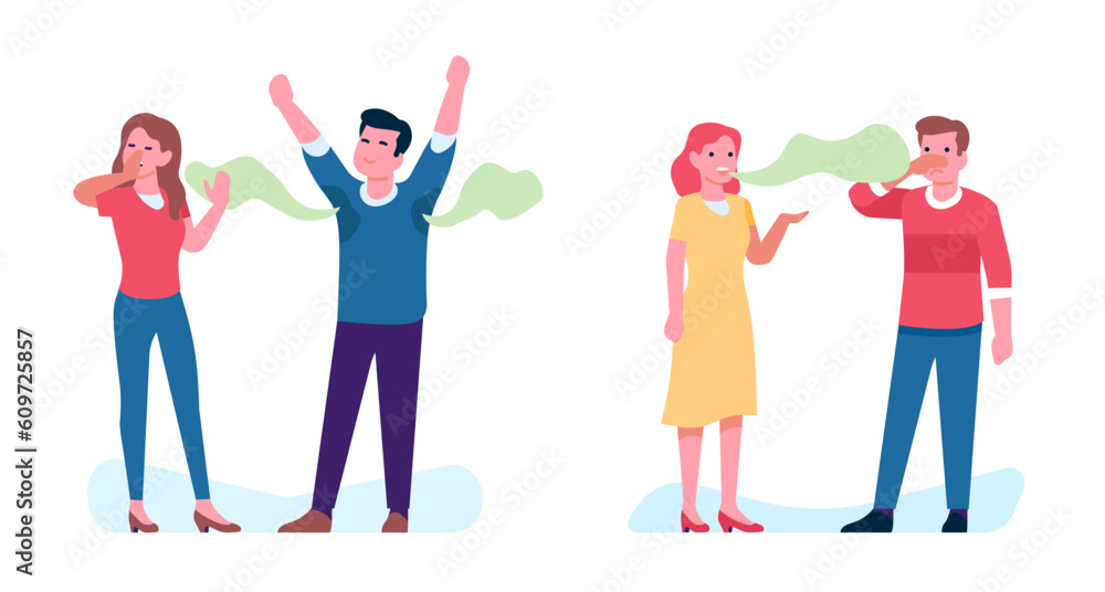 Fototapeta premium Woman talking to man with bad breath or stinky armpits. Odor from mouth. Sweaty male. Unhealthy teeth. Hyperhidrosis or halitosis. Couple conversation. Vector communication troubles set