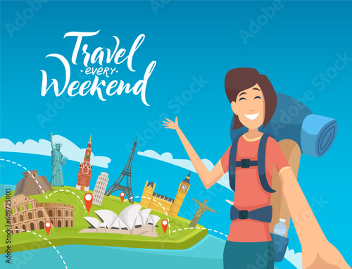 Travel background. Happy girl with backpack pointing on different historical landmarks