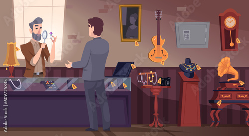 Pawn shop background. Cartoon shop interior room with jewelry items and expensive items exact vector template