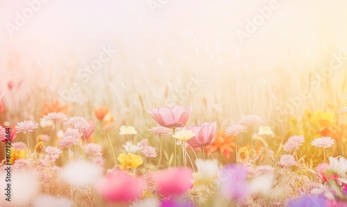  a field full of flowers with the sun shining through the clouds in the background and the grass blowing in the wind in the foreground.  generative ai