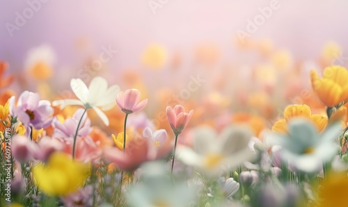  a field full of colorful flowers on a sunny day with a blurry sky in the backround of the photo and a soft focus on the flowers in the foreground. generative ai