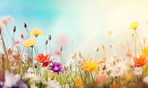  a bunch of flowers that are sitting in the grass with the sky in the background of the picture and a blue sky in the background.  generative ai
