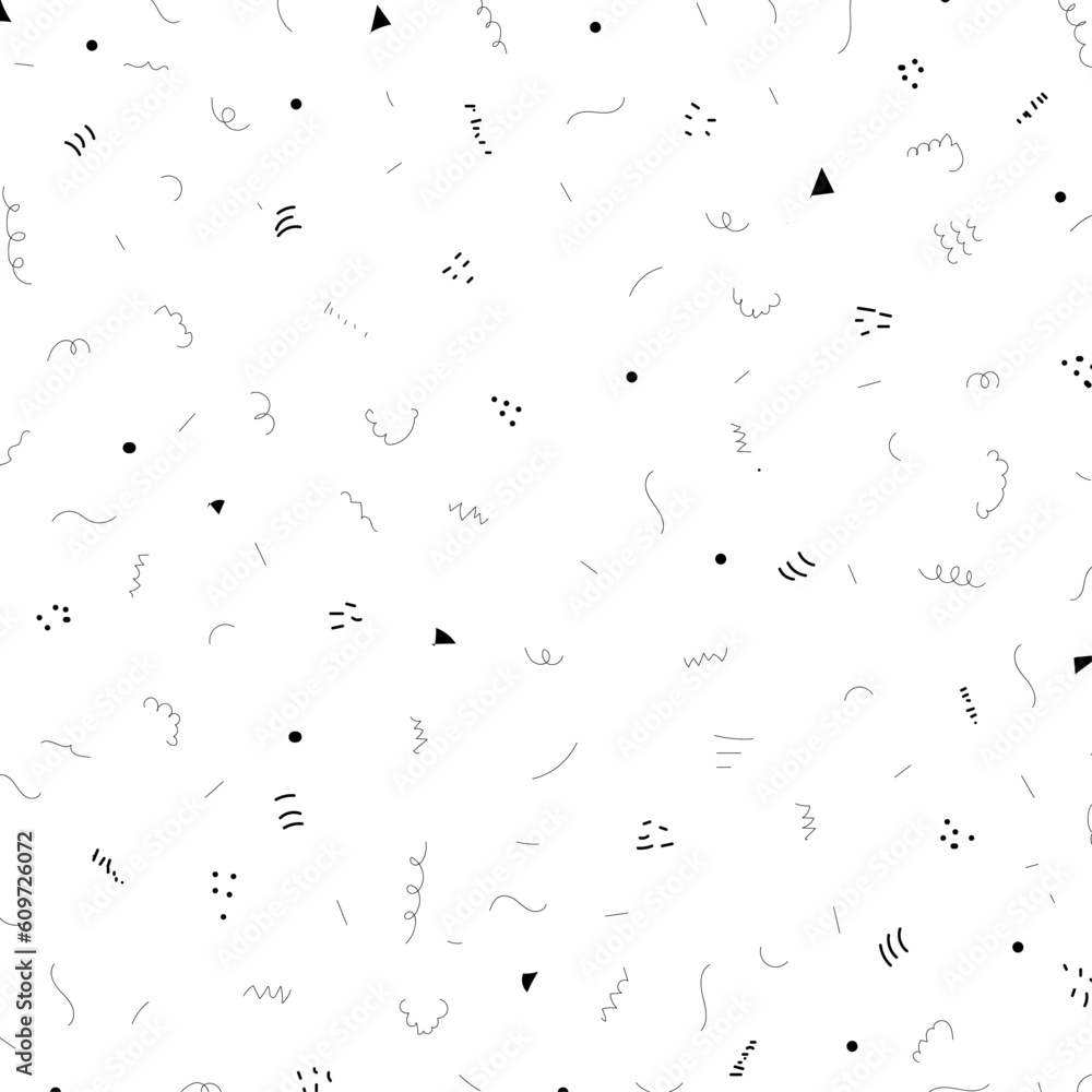 Black and white hand drawn doodle art seamless vector background, childish dots, stripes, shapes