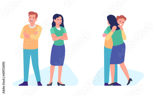 Young couple fights and then makes up and hugs each other. Offended people. Boyfriend and girlfriend relationship. Quarrel and reconciliation. Communication conflicts. Vector concept