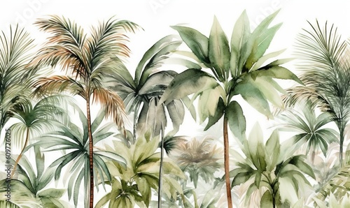  a watercolor painting of palm trees with green leaves on a white background with a white background and a white background with a white border. generative ai