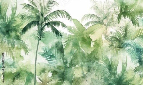  a watercolor painting of palm trees with green leaves on a white background with the words  watercolor painting of palm trees with green leaves on a white background.  generative ai