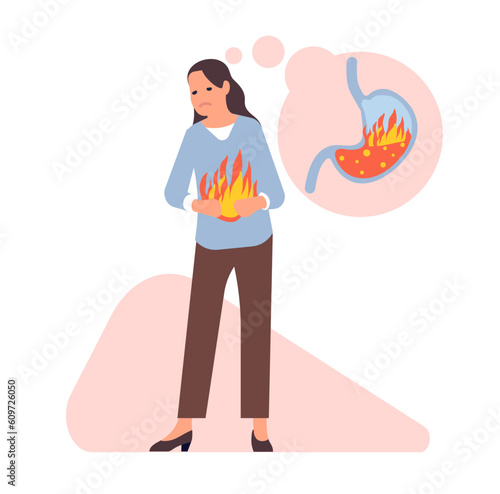 Young woman suffers from heartburn. Girl with digestive problem. Stomach in fire flames. Abdomen heat. Painful gastric syndrome. Disease discomfort symptom. Abdominal pain. Vector concept