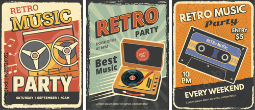 Poster retro music. Audio vintage gadgets players headset vynil radio recent vector placards with place for text