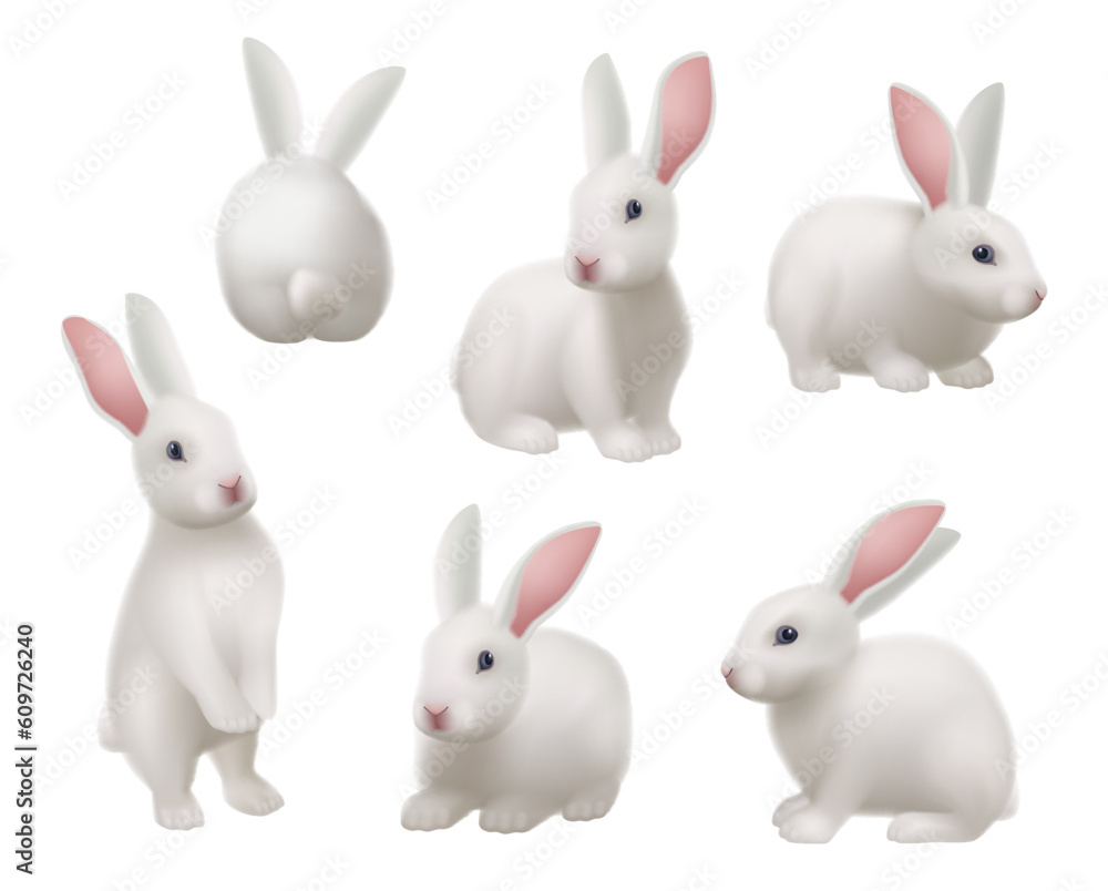Fototapeta premium White rabbit. Animal in various poses in science laboratory decent vector pictures set