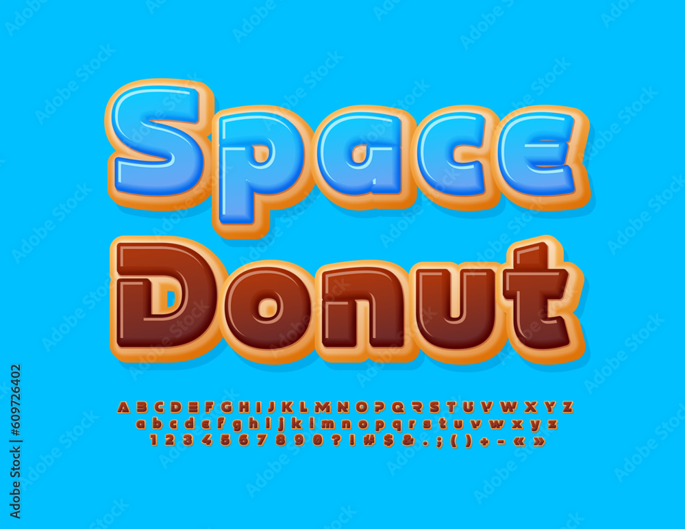 Vector sweet poster Donut Fest. Chocolate glazed Font. Delicious Alphabet Letters, Numbers and Symbols set
