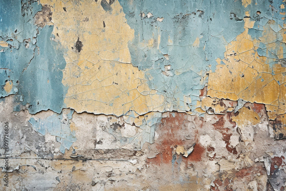 Obraz premium A dilapidated grunge wall, its rough surface covered in layers of chipped paint, AI generation
