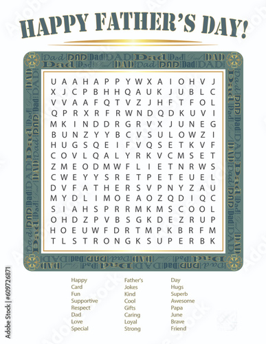 Father's Day Word Search Puzzle, Answer Key, Gold and Green Word Art Frame