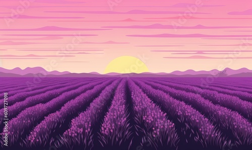  a painting of a lavender field with the sun setting in the distance and mountains in the distance in the distance, with a pink sky and purple hued background. generative ai