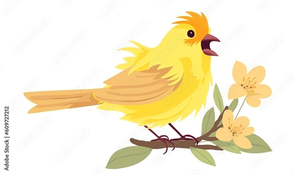 a yellow bird sitting on a branch with flowers in the foreground and a white background with a yellow background and a white background with a yellow bird. generative ai a yellow bird sitting on a branch with flowers in the foreground and a white background with a yellow background and a white background with a yellow bird. generative ai