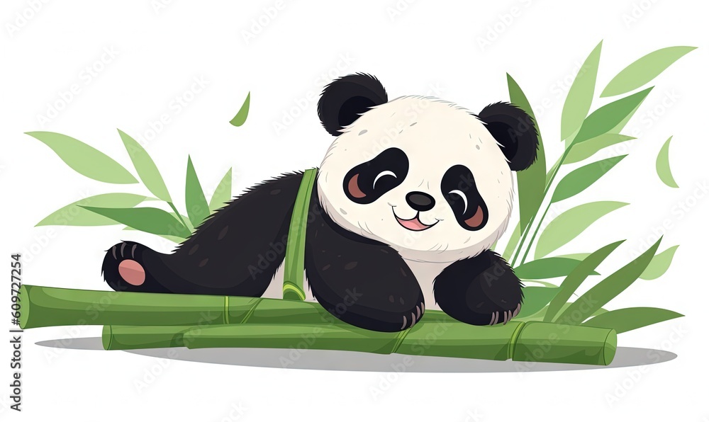 a panda bear sitting on top of a bamboo plant with a green strap around it's neck and eyes closed, with a smile on its face. generative ai a panda bear sitting on top of a bamboo plant with a green strap around it's neck and eyes closed, with a smile on its face. generative ai