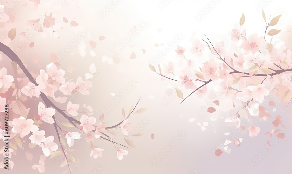  a branch with pink flowers on a white background with a pink sky in the back ground and a light pink sky in the back ground.  generative ai