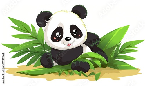  a panda bear sitting on top of a lush green leafy plant with a smile on its face and eyes  on a white background.  generative ai