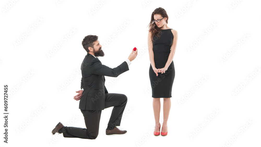 romantic date surprise. family life anniversary. tuxedo man proposing elegant woman marry him. couple in love. valentines day gift. gift with love. jewelry for engagement. couple getting engaged