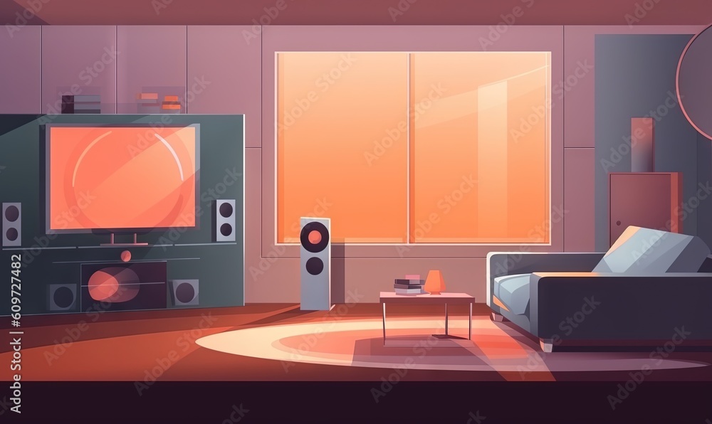 a living room with a couch, chair and a television in it's centerpiece, with a large window to the side of the room and a large screen on the wall. generative ai a living room with a couch, chair and a television in it's centerpiece, with a large window to the side of the room and a large screen on the wall. generative ai