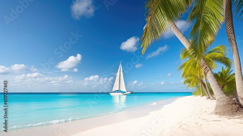 Tropical Caribbean beach scene with sailboat as island landscape (Generative AI) © Robert Kneschke