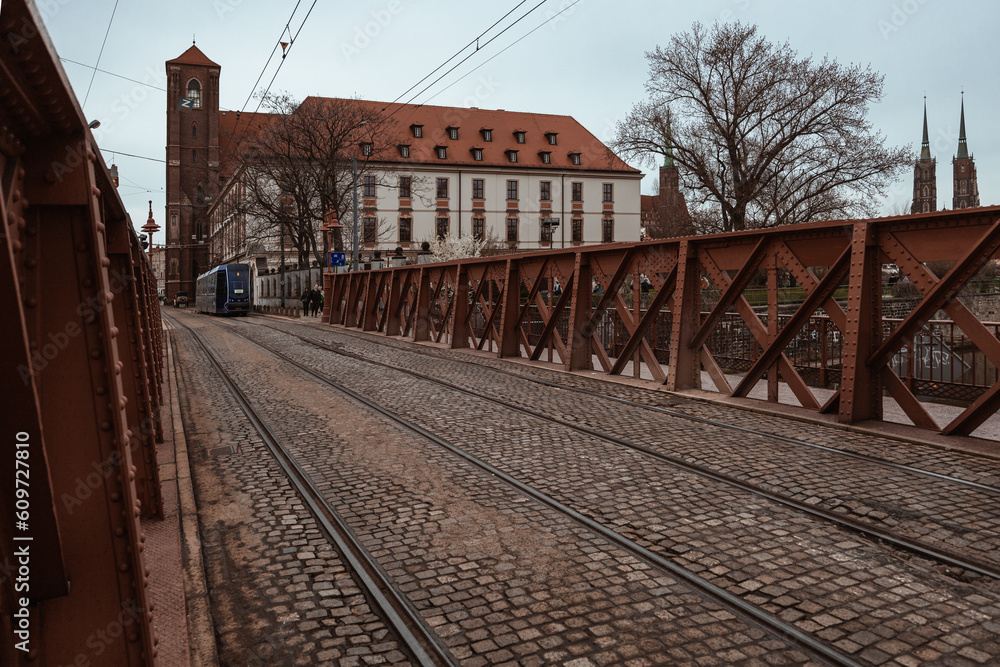 Sand Bridge. Roman Catholic parish church NMP on the Sand in Wroclaw