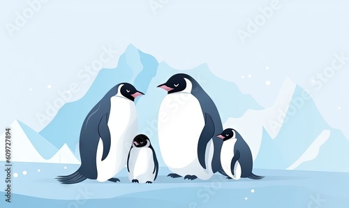  a group of penguins standing next to each other on a snow covered ground with a mountain in the background and snow flakes on the ground.  generative ai