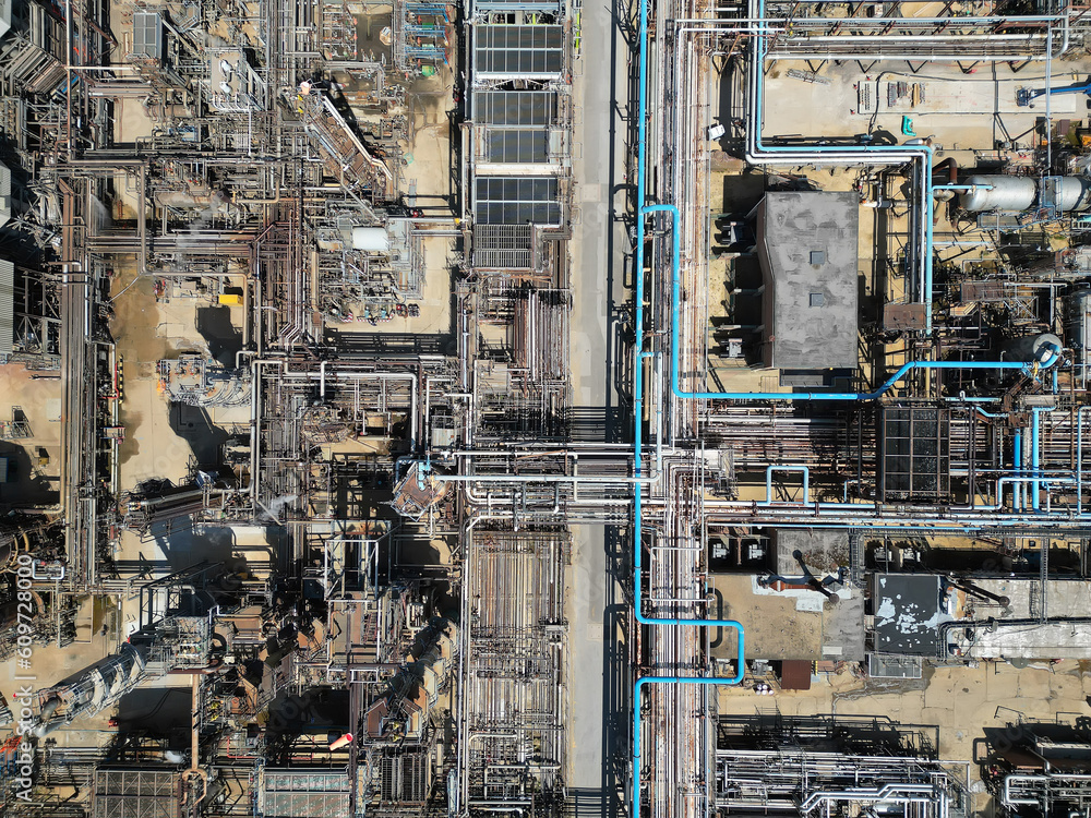 Oil refinery aerial view, shot from a drone. Production of oil and chemicals.