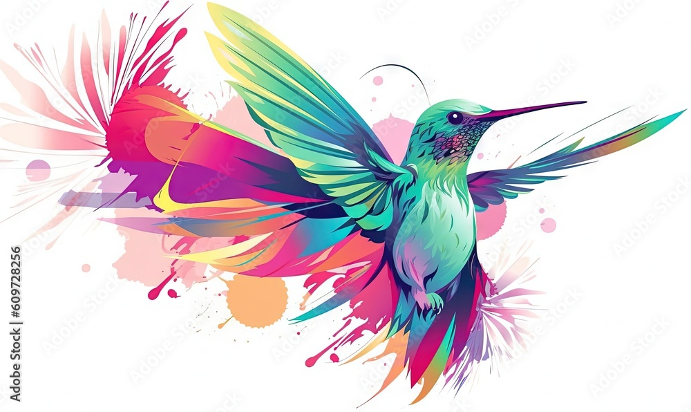 Obraz premium a colorful hummingbird flying in the air with paint splatters on it's wings and wings, with a splash of color on the back ground. generative ai