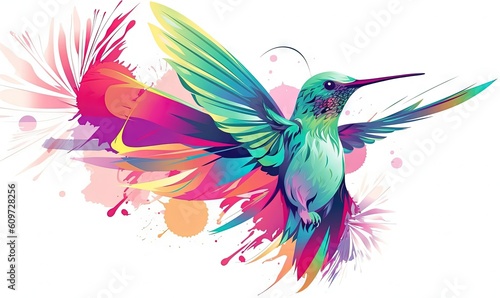  a colorful hummingbird flying in the air with paint splatters on it s wings and wings  with a splash of color on the back ground.  generative ai