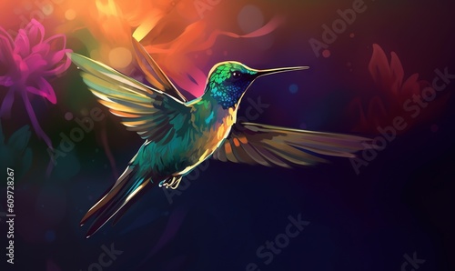  a colorful hummingbird flying in the air with a flower in the backgrouf of the picture in the foreground, and a dark background with a pink flower in the foreground.  generative ai © Anna