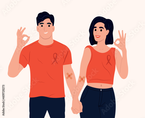 World Blood Donor Day. June 14. Female and male volunteers donate blood. Charity of blood donors. For banner, poster, card, web, landing page.