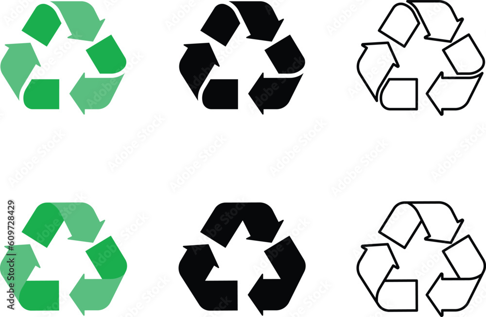 Recycled arrows icons in green, black, and linear option. Waste processing vector sign. Recycled arrows icons in green, black, and linear option. Waste processing vector sign.