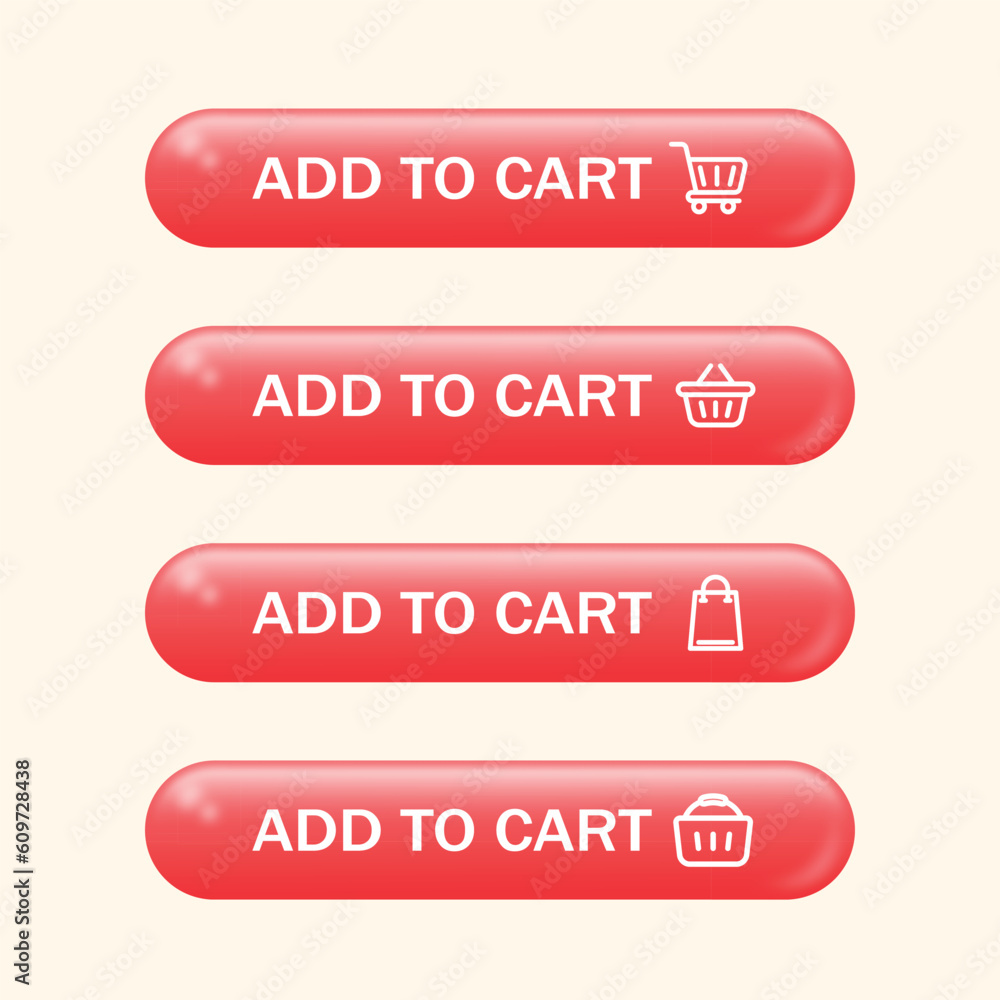 Add to cart 3d button set with highlights and different sign. Online shopping button for add to wish list vector illustration. Add to cart 3d button set with highlights and different sign. Online shopping button for add to wish list vector illustration.