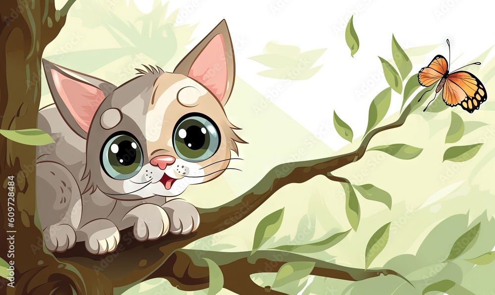 Obraz premium a cat sitting on a tree branch with a butterfly in the background of the picture and a butterfly on the tree branch in the foreground. generative ai