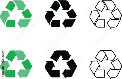 Recycled arrows icons in green, black, and linear option. Waste processing vector sign.