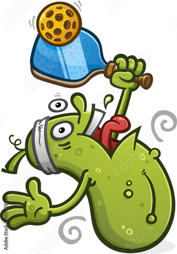 Crazy energetic pickle cartoon mascot playing an insane game of pickleball on the court serving the ball with fury vector character illustration photo