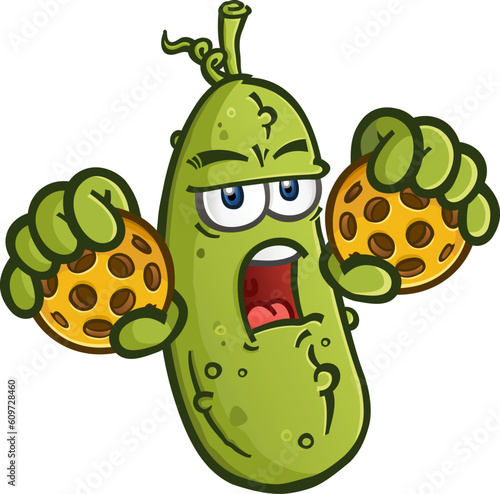 A grumpy old pickle cartoon character holding a couple pickleballs in his fists and ready to start some trouble on the court vector illustration