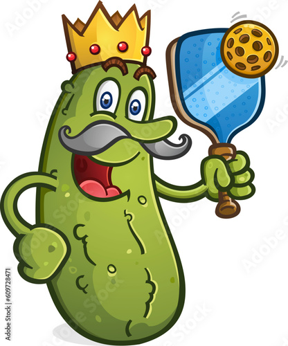 Cartoon pickle king pickle holding a pickleball paddle and ball ready to rule the court and give you a royal beating in a match vector illustration