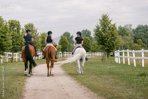 Horsewomen riding beautiful horses along the trail at the equestrian center on a bright summer day. Horse gait walks concept. © 24K-Production