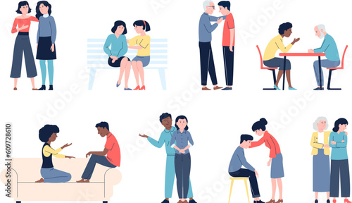 People comforting depressed parents or friends. Friendly empathy, support and mental help. Flat person sad, care feelings recent vector scenes