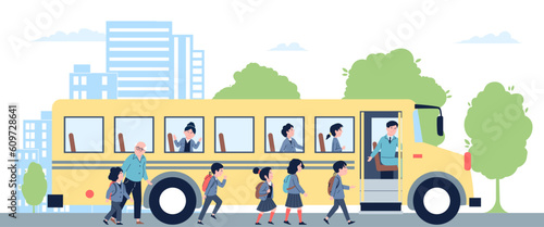 Yellow school bus, student go to transport. Cartoon pupil morning, children with backpack go to study. Kid transportation recent vector concept
