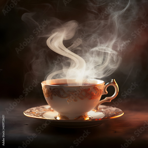 Cozy afternoon, steaming cup of tea, showcasing the delicate swirls of rising steam and the comforting warmth of the beverage, Generated AI