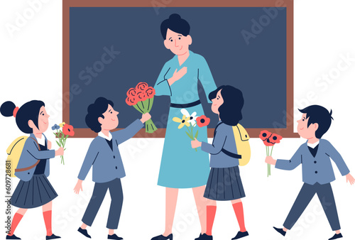 Teachers day scene. Students present professor flowers bouquets. Happy little kids, primary school characters. Professional holiday recent vector scene